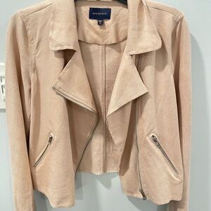 Skies Are Blue faux light pink suede moto jacket with silver hardware.